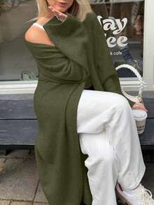 FOR BEAUTY V-Neck Oversized Cardigan, Women Fashion Versatile Long Knitted Sweater Coat, Spring/Autumn - Dark Green - View 4