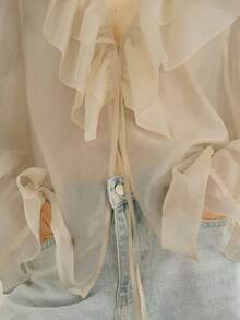 Ins Hot Apricot Sheer Organza Blouse Women's Ruffled V-Neck Tie Front Long Sleeve Top, Elegant Loose Fit Frill Trim Shirt For Daily Streetwear Date, Soft Transparent Chiffon Blouse Match Jeans Skirts, Spring Summer Autumn French Style Casual Blouses - Khaki - View 5