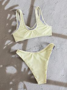 PEPPERMOLLY Bộ bikini 2 món màu vàng in họa tiết sọc ngẫu nhiên cho kỳ nghỉ hè [2026], Bộ bikini hai mặt màu vàng - Đa năng từ bãi biển đến hồ bơi, Viền ren mềm mại + Lớp lót sọc, Áo tắm nữ co giãn - Đồ bơi mùa hè thiết yếu - Nhiều màu - Xem 10