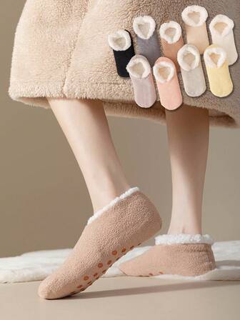 1 Pair Women's Multicolor Plush Boat Socks, Thick Double-Layer Warm Fleece, Non-Shedding, Suitable For Indoor/Home Wear