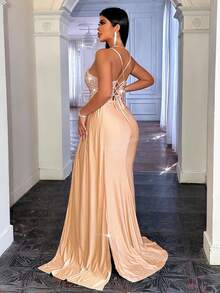 CHOSMO 大码女式闪亮绷带优雅派对成熟简约亮片露背拼接吊带连衣裙，适合海滩、晚宴约会、婚礼、派对、生日、周年纪念、毕业典礼、家庭度假、鸡尾酒会、音乐节、正式晚宴、婚礼宾客、舞会、返校节、单身派对、旅行、舞台和音乐会、下午茶会、情人节等场合。 - 香檳色 - 查看 4