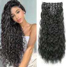 Clip In Hair Extensions, 6PCS 24inch Black Hair Extensions Long Mermaid Waves Wavy Synthetic Clip On Hairpiece For Women(Black),Black-Wavy - 黑波紋 - 查看 2