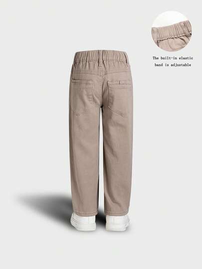 男童复古简约卡其色直筒牛仔裤，时尚百搭，可调节松紧腰带，宽松直筒牛仔裤