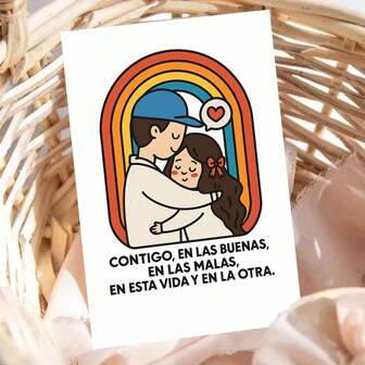 一张“与你同在，无论顺境逆境”彩虹爱心拥抱贺卡，附信封，浪漫情侣插画，心形对话框，象征今生来世的相伴，非常适合送给朋友、同事、伴侣