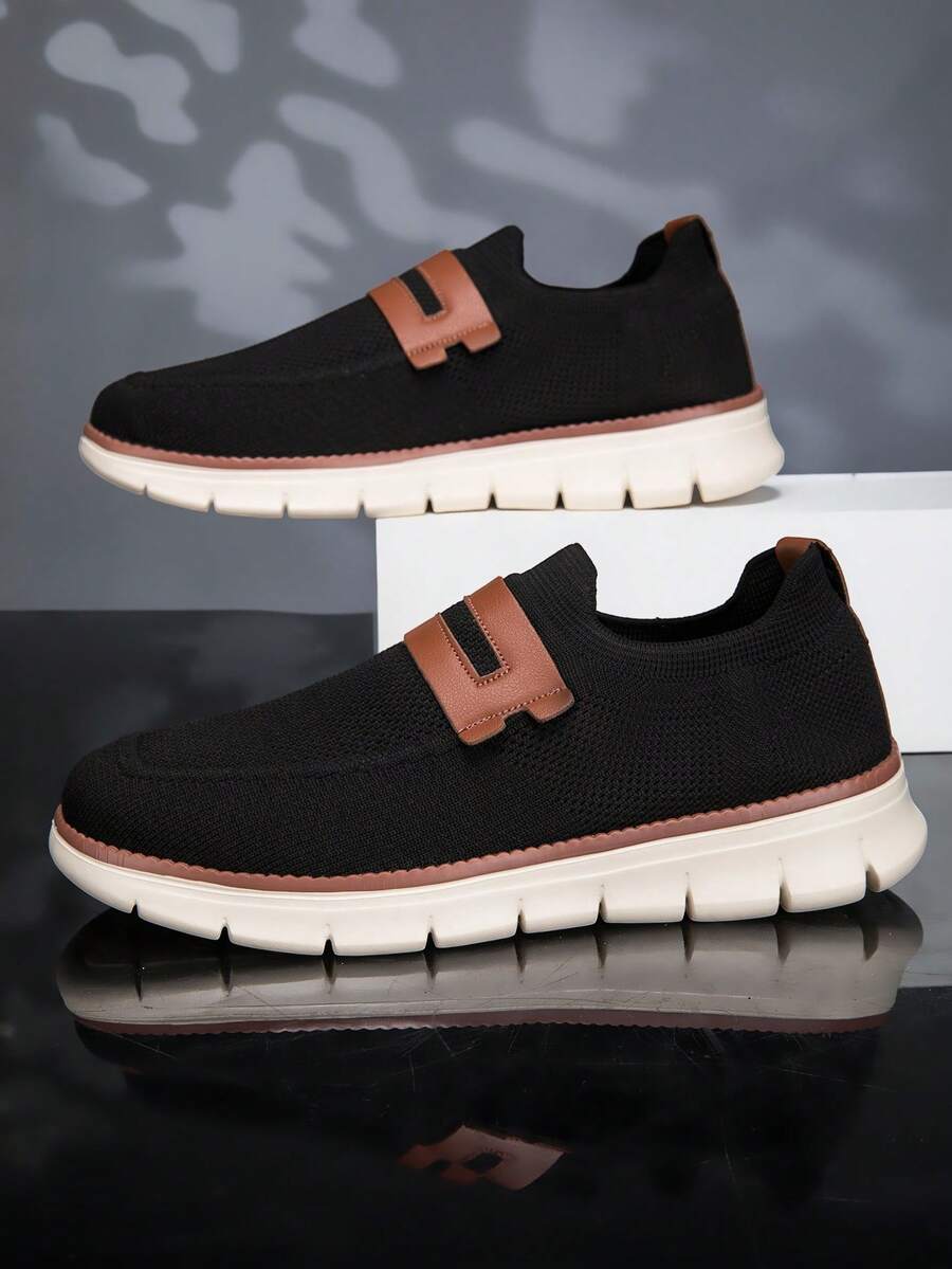 Men's Loafers Mesh Sneakers, Black Plus Size Lightweight Breathable Casual Shoes, Fashionable & Comfortable Slip-On Lace-Free Shoes - Black - View 1