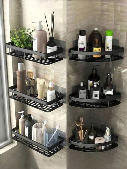 Wall-Mounted Corner Bathroom Storage Rack, Laundry Storage Rack, Perfectly Fitting Into Bathroom And Kitchen Corners, No Drilling Required, Won't Damage, Keeps Walls Clean, Suitable For Tiles, Glass, Smooth Floors, Etc. Ideal For Storing Bathroom Toiletries And Shampoo Bottles, Kitchen Condiments, Etc.