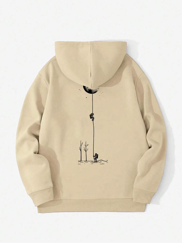 SU ER Men's Casual Moon & Astronaut Print Hooded Sweatshirt With Pocket, Autumn/Winter - Apricot - View 4