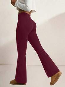 PETITE Slimming High-Rise Bootcut Leggings - Stretch Fabric, Flare Fit For Yoga & Fitness, Breathable Women's Gym Wear - Burgundy - View 2