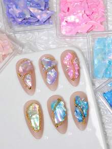 2 Boxes/1 Box Bohai Bay Shell Fragments, Square Box Shell Chips, Colorful Abalone Shell Fragments For Nail Art, Ultra-Thin White Nail Foil Rhinestones Accessories, Natural Bohai Bay Abalone Shell Fragments Nail Jewelry Set Nails - Purple - View 4