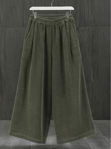 Damen Cordhose in Große Größen mit hoher Taille und weitem Bein - Elastischer Bund, weite Passform, einfarbig, lässiger Stil mit Taschen, bequem für alle Jahreszeiten - Armeegrün - Übersicht 2