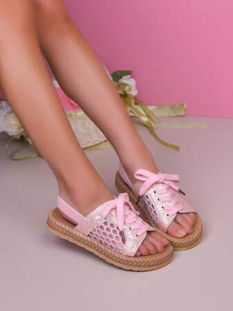 1 Pair Kids New Glitter Lace Hollow Embroidery Mesh Platform Sandals With Lace-Up Decoration, Adjustable Thick Double-Layer EVA Sole, Lightweight, Suitable For 2-15 Years Old Toddlers And Children, Great For Summer Outings, Vacations, Holidays