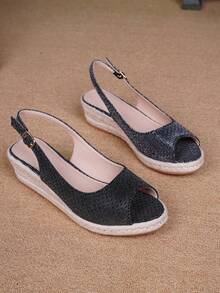 New Fashion Women Casual Woven Wedge Sandals - Black - View 7