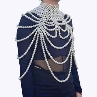 1pc Handmade Woven White Faux Pearl Necklace, Unisex Body Chain, Women's Beaded Necklace, Fashion Jewelry For Wedding, Party, Carnival, Runway Show, Gift