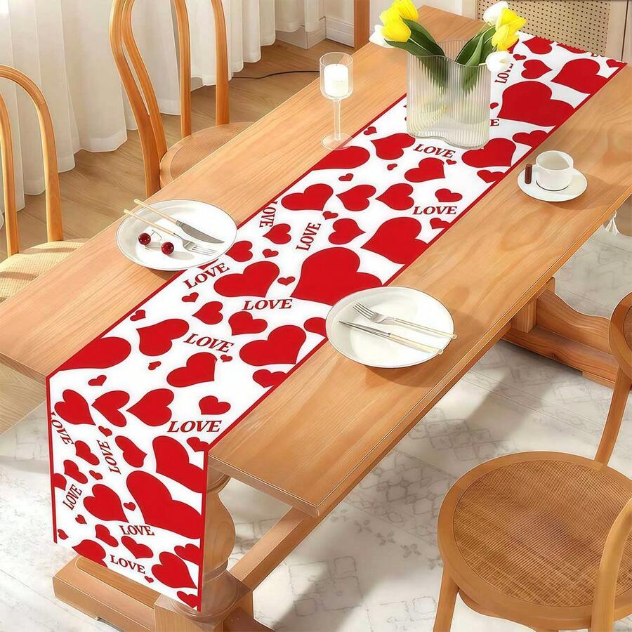 1 szt. – bieżnik walentynkowy z motywem czerwonego serca i motywem "Miłość" – romantyczna dekoracja stołu z motywem miłości, akcent w postaci czerwonego serca i motywu "Miłość", dekoracja na walentynkową kolację i do domu, bieżnik na stół na walentynki i prezent - Wielokolorowe - Zobacz 1