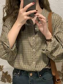Women's Casual Plaid Long Sleeve Shirt, Button Front Dropped Shoulder Blouse Top, Regular Fit Woven Fabric - Brown - View 4