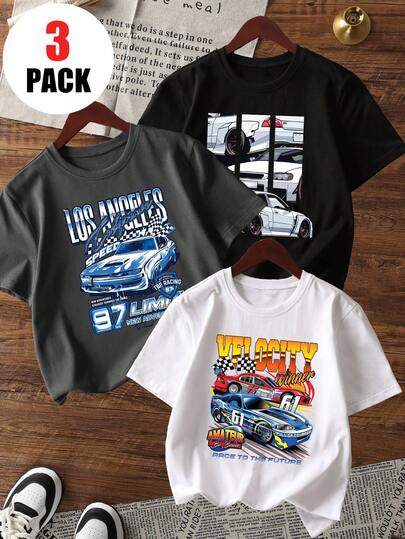 3 piezas Camisetas de manga corta con cuello redondo y estampado casual para niños, ropa de verano para estudiantes y jóvenes - ¡Usa nuestras cómodas y elegantes camisetas para niños para explorar el mundo!