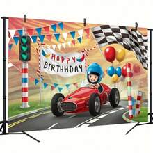 1 pieza de Pancarta de fondo para fiesta de cumpleaños de coche de carreras en 2D - Decoración de poliéster vibrante con letrero de "Feliz Cumpleaños", banderas a cuadros y globos, perfecta para el hogar, la habitación y la decoración de paredes, telón de fondo para fiesta de adolescentes | Escena de carreras dinámica | Pancarta de poliéster, decoraciones para fiesta de cumpleaños - 1 pieza - Ver 3
