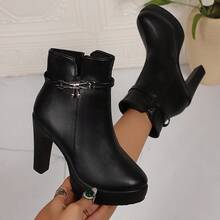 Women's Ultra High Heel Platform Ankle Boots, Autumn/Winter New Fashion Round Toe Rhinestone Bow Thin Heel Boots, Slimming Leather Boots - Black - View 1