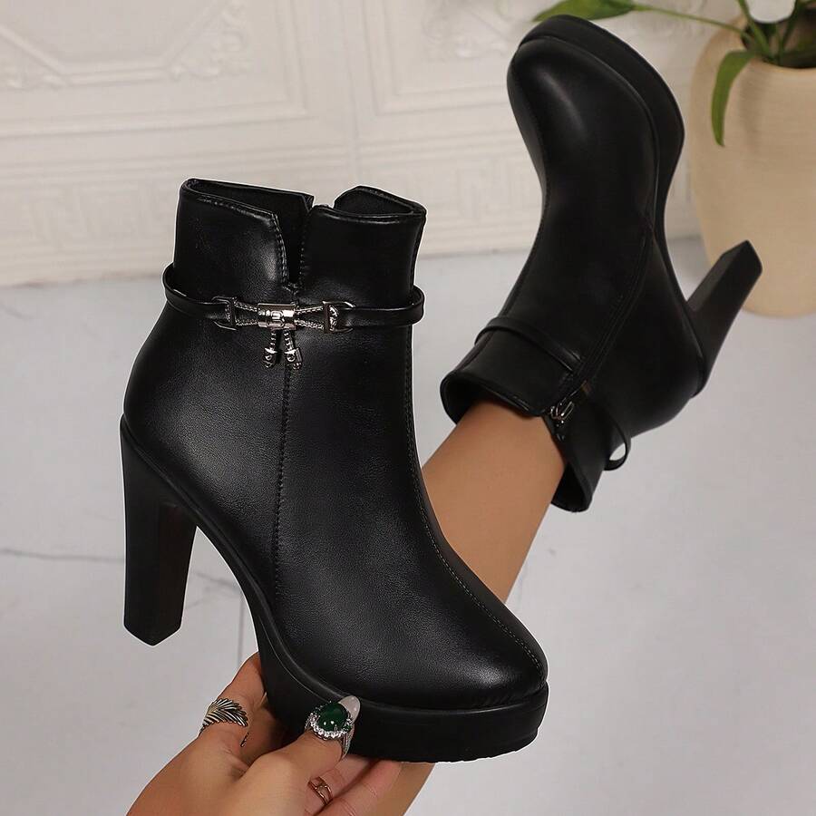 Women's Ultra High Heel Platform Ankle Boots, Autumn/Winter New Fashion Round Toe Rhinestone Bow Thin Heel Boots, Slimming Leather Boots - Black - View 1
