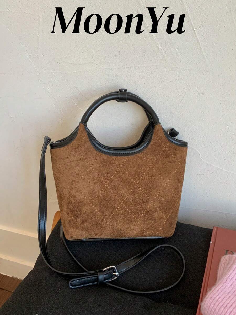 女士水桶包/斜挎包，仿麂皮绒，时尚，秋冬款，棕色，复古，优雅，简约，适合女性、女孩、大学生 - 棕色 - 查看 1