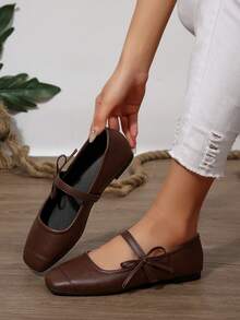 Bowknot Strap Women's Flat Shoes, Square Toe Mary Jane Style, Fashion & Versatile, Spring/Autumn - Burgundy - View 7