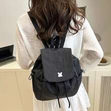 Simple Plaid Drawstring Backpack Large Capacity Portable Commuter Bag Canvas Hiking Bag College Student  Shoulder Casual Bag - A - View 5