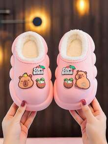 Children's Cartoon Cute Capybara Slippers, Autumn/Winter New Style, Soft Plush Indoor Home Slippers, Warm Thick Comfortable Sole, Closed Toe Shoes For Kids, Soft Plush Anti-Skid Sole, Warm House Shoes - Pink - View 2