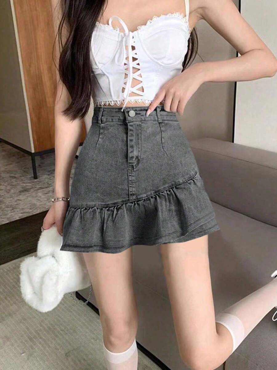 女式拼布荷叶边下摆休闲牛仔迷你裙 - 灰色 - 查看 1