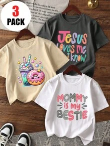 3件套少女休闲碎花圆领短袖T恤，夏季学生童装 - 深灰色 - 查看 1