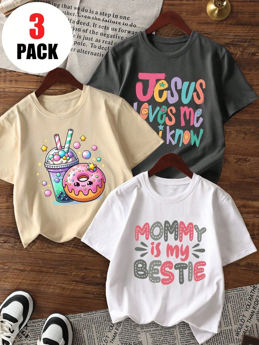 3件套少女休闲碎花圆领短袖T恤，夏季学生童装 - 深灰色 - 查看 1