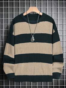 Men's Casual Fall-Winter Large-Sized Multi-Color Wide Stripe Long-Sleeved Round-Neck Sweater - Khaki - View 1