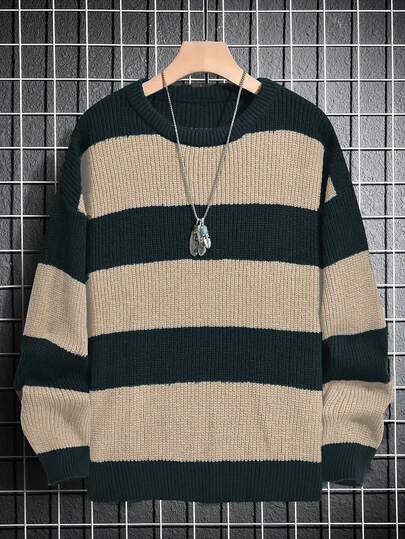 Men's Casual Fall-Winter Large-Sized Multi-Color Wide Stripe Long-Sleeved Round-Neck Sweater