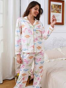 两件套女士彩色恐龙印花长袖上衣和裤子睡衣套装，舒适针织翻领纽扣前襟上衣带口袋，松紧腰裤子，适合所有季节休闲居家穿着。 - 香檳色 - 查看 5