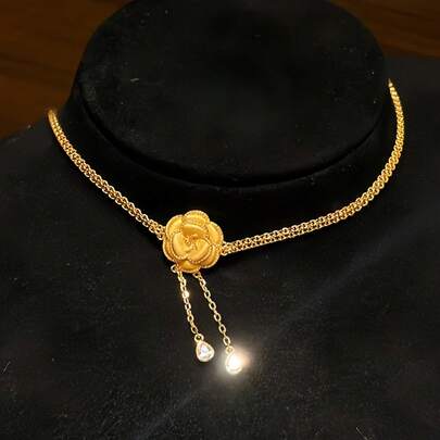 18K镀金山茶花锆石流苏吊坠项链，奢华宫廷风格，女士款