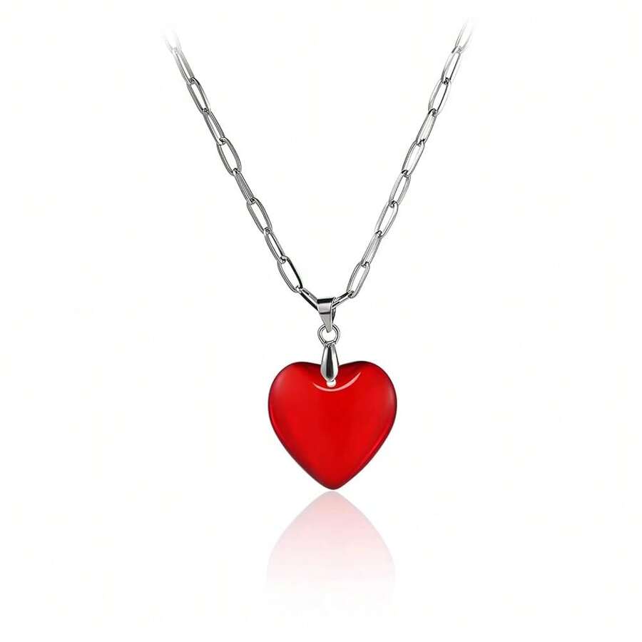 Dainty Colorful Glass Heart Shape Pendant Necklace Stainless Steel Link Rope Chian Love Heart Charms Pendant Necklace Y2K Jewelry Accessories For Women Jewelry,Red - 紅色 - 查看 1