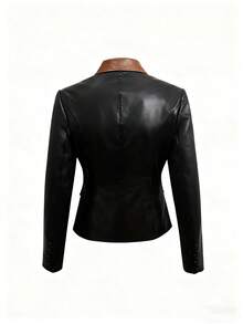 Áo khoác thời trang nữ tay dài bằng da PU ve màu tương phản, cài nút đơn - nâu sẫm - Xem 6