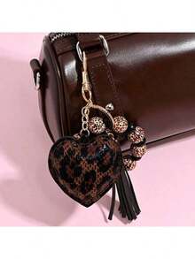1pc Leopard Pattern Wood Bead Bracelet Keychain With Leather Heart & Tassel Charm, Boho Style Fashion Bag Accessory,  Gift Idea For Women & Daily Use - Nhiều màu - Xem 1