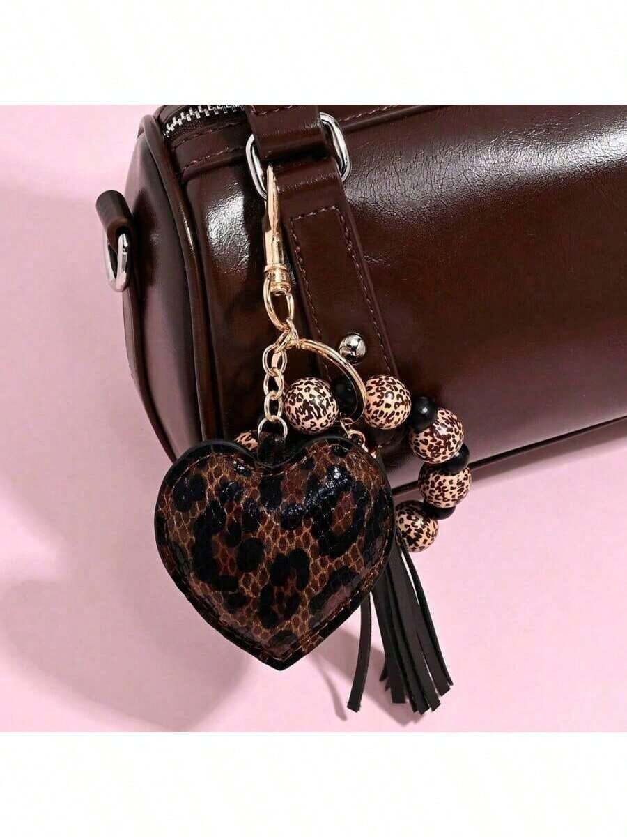 1pc Leopard Pattern Wood Bead Bracelet Keychain With Leather Heart & Tassel Charm, Boho Style Fashion Bag Accessory, Gift Idea For Women & Daily Use - Nhiều màu - Xem 1