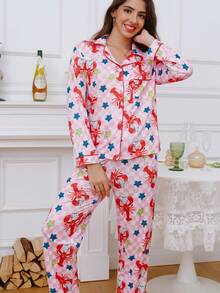 2pcs Women Lobster Print Long Sleeve Top And Pants Pajama Set, Comfortable Knit Collared Button Front Shirt With Pockets And Elastic Waist Pants, Suitable For All Seasons Casual Loungewear - Pink - View 11
