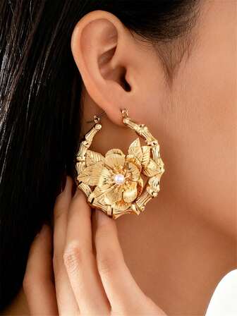 1 对女士夸张超金属大竹结双环花形吊坠耳环，女孩派对旅行度假珠宝配饰