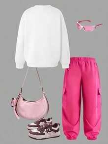 2pcs Toddler Girls' Cartoon Heart Print Crew Neck Long Sleeve Top And Cargo Pants Set