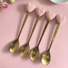 14cm 4pcs Set Premium Luxury 410 Stainless Steel Spoon Set, Ceramic Heart Handle | Gold Plated | Perfect For Afternoon Tea & Desserts | Ideal For Cafes & Weddings | Elegant Afternoon Tea & Travel Cutlery, Cafe Supplies, Refined Tableware Decor, Decorative Spoons, Durable Flatware - Multicolor - View 13