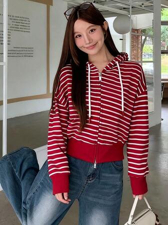 Striped Front Button Zipper Hooded Long Sleeve Sweatshirt