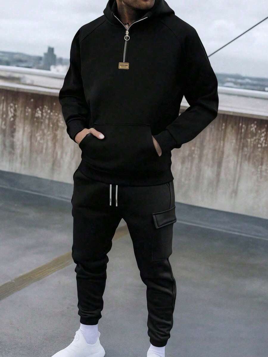 男士休闲保暖连帽卫衣和运动裤套装 - 黑色 - 查看 1