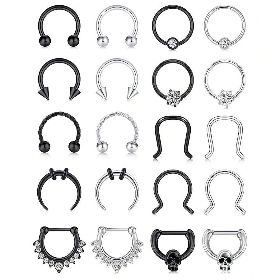Mayhoop 16G 20Pcs Surgical Steel Nose Rings Septum Rings Captive Bead Rings Horseshoe Piercing Jewelry Cartilage Helix Daith Tragus Earring Hoop Lip Hinged Seamless Nose Hoop Ring For Women Men,Silver+Black - 銀色+黑色 - 查看 1