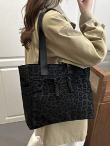 Fashionable Versatile Solid Color New Tote Bag, Casual Minimalist Textured Contrast Color Shoulder Bag - Black - View 2