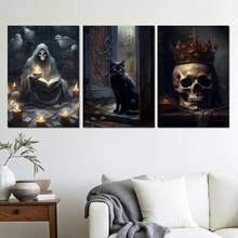 3幅万圣节哥特式骷髅黑猫墙画帆布海报，高清印刷，可选画框，适用于客厅、卧室、浴室、办公室、咖啡厅、健身房、家庭节日装饰，印刷品，房间走廊装饰，艺术品，理想的礼物送给朋友 - 彩色 - 查看 2