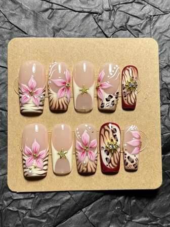 10pcs French Leopard Print Nail Square Medium Long Style Three-Dimensional Carved Hot Girl Y2k Nail Pearl Embellishment Gentle Girl Pink Petals Handmade Wearable Nail Suitable For Daily Wear By Girls, Using Press Nail Fake Nail Pieces