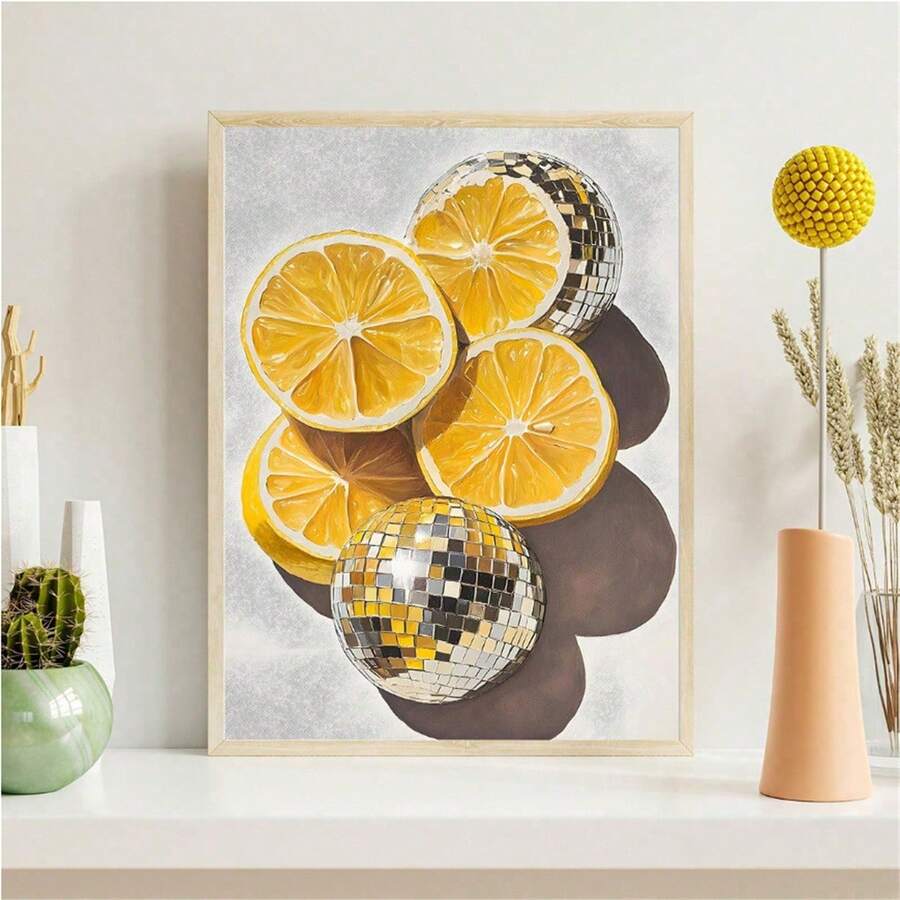 1 件极繁主义海报,迪斯科柠檬墙饰,迪斯科球水果,风格独特,闪亮柠檬艺术印刷品,墙饰,厨房装饰海报,墙面装饰,现代简约风格海报,客厅和房间装饰,浴室装饰,理想礼物,不含画框 - 彩色 - 查看 1