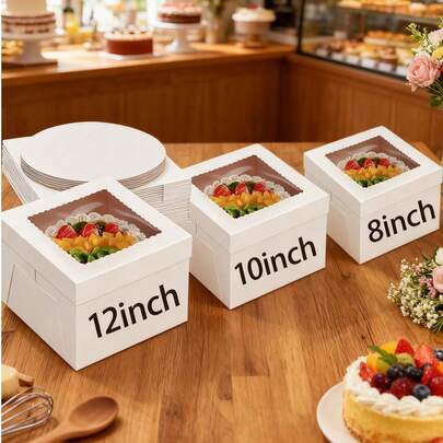 10pcs/Set Cake Boxes With Cake Boards (10 Boxes And 10 Boards), 12x12x8 Inches/10x10x8 Inches White Bakery Boxes With Drawstring, Suitable For Cakes, Cookies, Pastries, Pies, Weddings, Birthdays, Halloween And Other Occasions